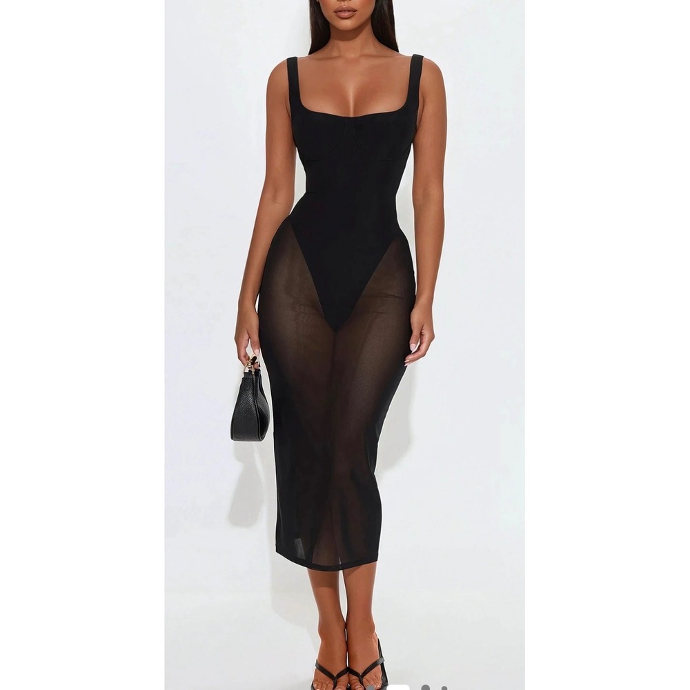 NWT Fashion Nova Vera Power Mesh Midi Dress Black Underwire Sleeveless S